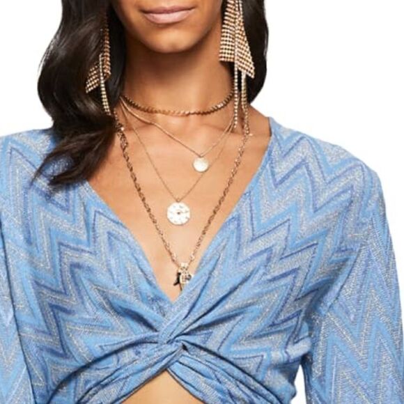 NWT Ramy Brook Chevron Dakota Twist-Front Crop Top Ocean Blue Medium - Picture 3 of 14